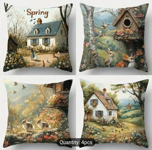 Set Of 4 Beautiful Spring Cottage And Birdhouse Throw Pillow Covers - Picture 1 of 4