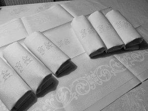 Linge Ancien 6 Serviettes De Mariage  Décor Arabesque Et Épi Blé Monogramme A P - Photo 1/13
