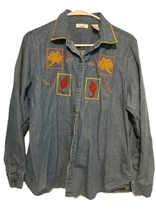 Vintage Ms Lee Fall Embroidered Denim Button Front Top Size Medium - Picture 1 of 4