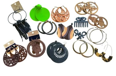 African Boho-Chic Earrings Lot of 15 Statement 70s Glam Vtg to New Hoops Dangles - Image 1 of 4