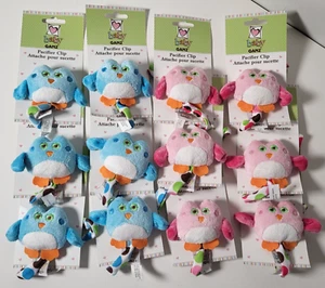 12 Pack Plush Owl Pacifiers Clips Wholesale Lot Assorted Colors Pink And Blue - Picture 1 of 14