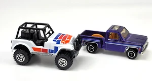 2 Matchbox Cars 1983 Jeep 4x4 White 2007 '75 Chevy Stepside Pickup Truck Purple - Picture 1 of 18