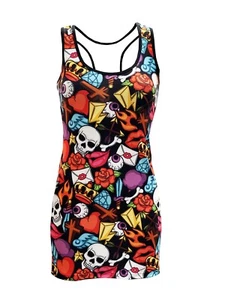 Skull Bones Heart Rose Cross Lips Doodles Print Long Vest Top Halloween Gothic - Picture 1 of 3