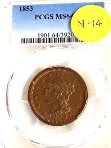 1853 BRAIDED HAIR LARGE CENT PCGS MS64BN N-14 - Picture 1 of 6