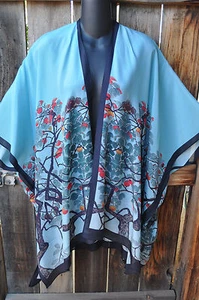 100% SILK ART TO WEAR HAND PAINTED FLORAL & BIRDS SILK KIMONO JACKET, ONE SIZE+! - Picture 1 of 4