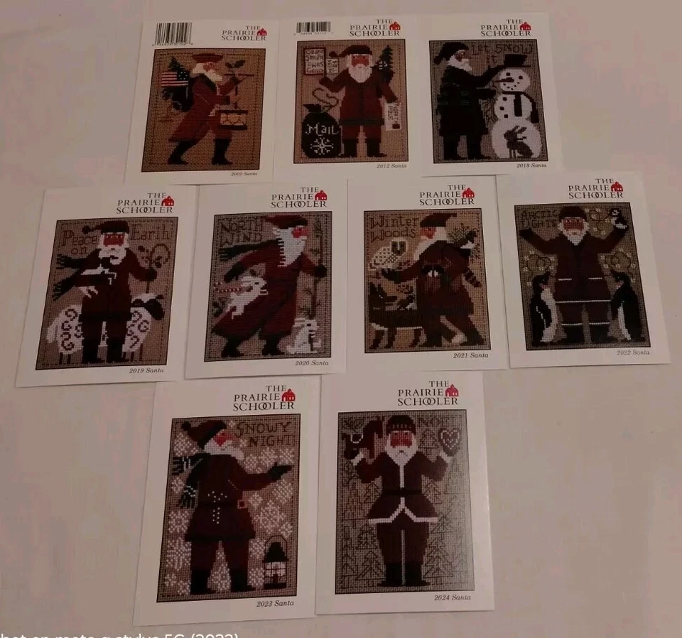 PRAIRIE SCHOOLER SANTA CROSS STITCH CARDS 2002, 2012,2018-2024 SET OF 9 - Image 1 of 1