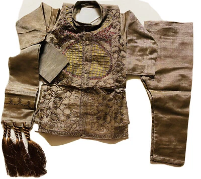 BOYS Sz2 India Pakistan 1-2 yr Kurta pajama sherwani dupatta Bollywood 4pc Brown - Image 1 of 4