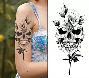 Schädelrose - Großes temporäres Tattoo gefälschter wasserdichter Körper Kunst Männer Frauen Henna - Bild 1 von 4