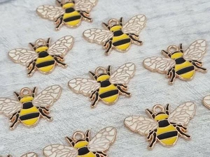 10 Bee charms, rose gold metal bumble bee pendants, jewellery making, Craft Bees - Picture 1 of 9