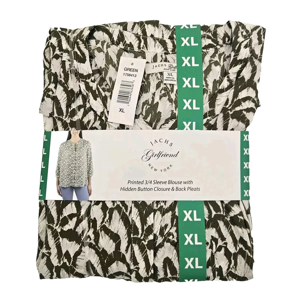 Jachs Girlfriend Ladies' 3/4 Sleeve Blouse Notched V-Neck Green XL