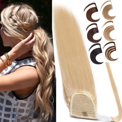 THICK Human Hair Pony Tail Extensions Wrap-Clip In Ponytail Real Remy/Straight - Image 1 of 4