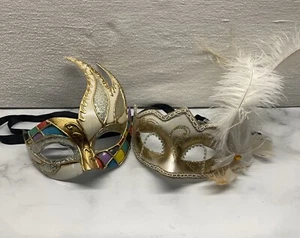 Two Adult Eye Masks Mardi Gras Masquerade Painted Glitter Beads ITALY signed - Picture 1 of 5