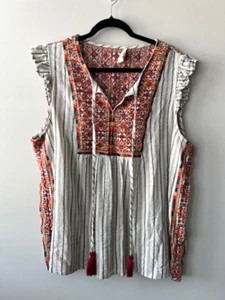 Savanna Jane Size 2X Blouse Top Embroidered Floral Peasant Stripe Short Sleeve - Picture 1 of 5