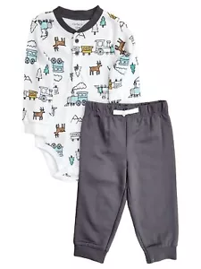 Carter's Infant Boys Gray Train & Wilderness 2 Piece Outfit Set 12m - Picture 1 of 2