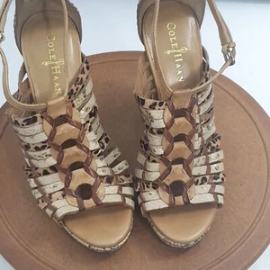 Cole Haan Light Brown Cut-Out Leather Animal Print Wedge Heels, Sz 6.5 C - Picture 1 of 11