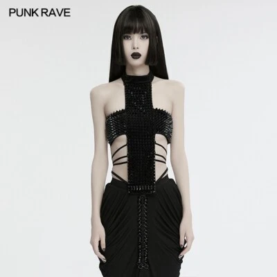 Punk Rave Mujeres Negro Gótico Punk Sexy Remache con Picos Cruz Halter Top Foto 1 de 4