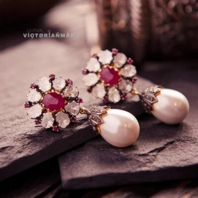 Ruby Polki Diamond Pearl Drop Earrings 925 Silver Handmade Indian Jewelry - Image 1 of 4