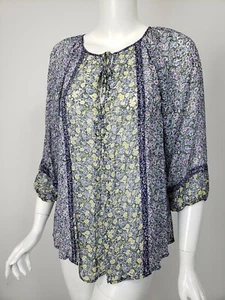 Camicetta JOIE nera viola giallo verde stampa floreale chiffon collo buco della serratura tg S - Foto 1 di 4