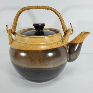 Vintage Teekanne Korbgriff Handarbeit Ton braun schwarz Made in Japan  - Bild 1 von 10