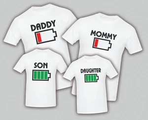 Low Battery Power FRONT Matching T-shirts Party Family Kid Tshirt Father Mother - Picture 1 of 3