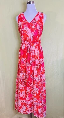 Calvin Klein Women’s Size 2 Red/Orange White Floral Long Maxi Sleeveless Dress - Image 1 of 4