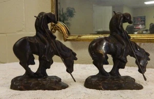 Vtg End Of The Trail Indian Horse 1920's-30's Cast Iron Bronze Bookends w/ Spear - Picture 1 of 6