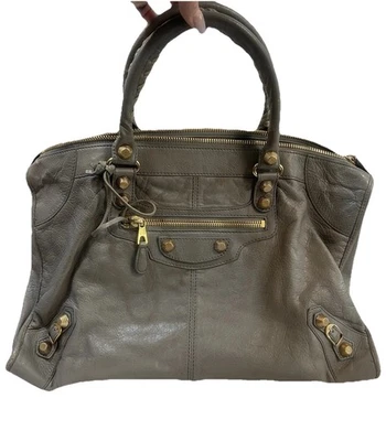 Balenciaga City Bag Gray Large Boho Studded Work Brief Gym Gold Stud Top Handle - Image 1 of 4