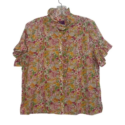 J Crew Liberty 花卉印花衬衫女式 12 码荷叶袖纽扣 — 第 1/4 张图片