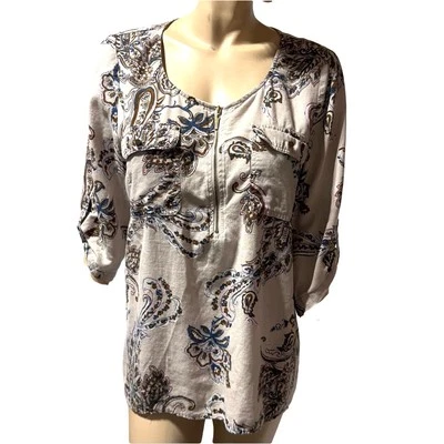 Dana Buchman Women’s Size XL linen Blend  paisley roll tab blouse tunic top - Image 1 of 4