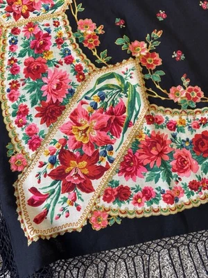 Traditional Pavlovo Posad Shawl Black Vibrant Florals 56 Inches Woolen Wrap - Image 1 of 4
