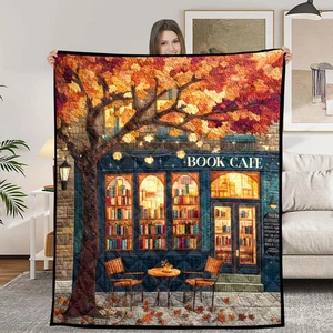 Herbst Buchliebhaber Quilt Decke, gemütlicher Herbst Leseüberwurf, literarisches Geschenk zum Lesen - Bild 1 von 3