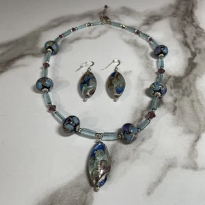 Hand Crafted Art Glass Beaded Necklace & Pierced Earrings Set GAR1-21 - Picture 1 of 5