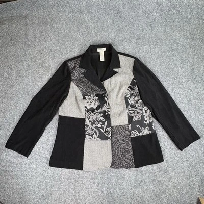 VTG Y2K Notations Patchwork Blazer  1X Black Gray Mixed Print Jacket Boho Artsy  - Image 1 of 4