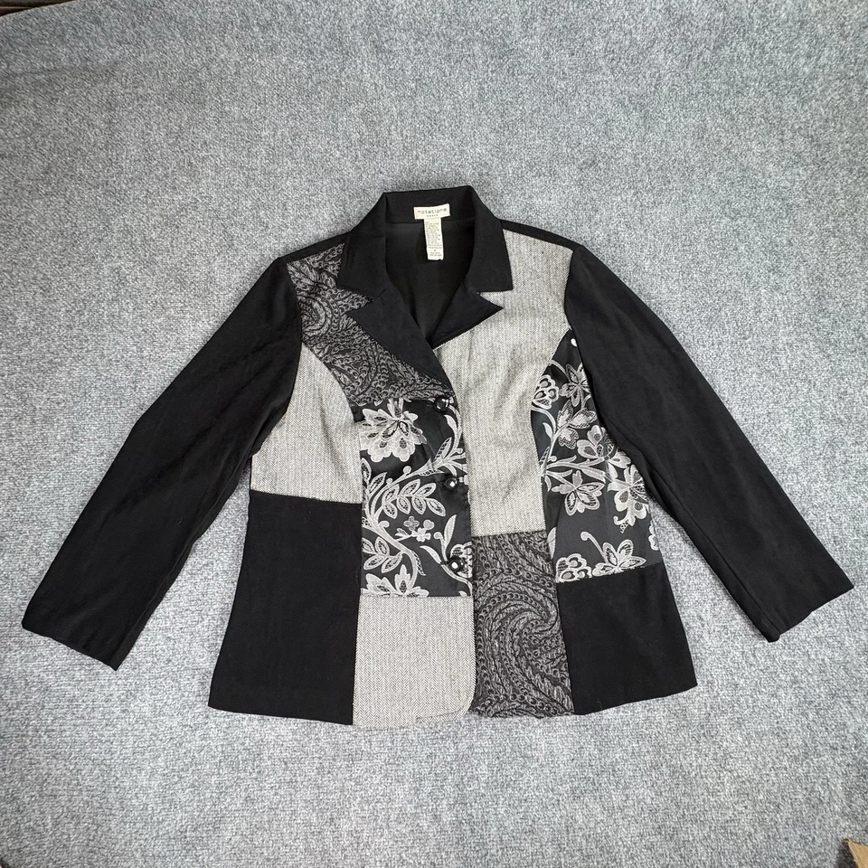 VTG Y2K Notations Patchwork Blazer  1X Black Gray Mixed Print Jacket Boho Artsy  - Image 1 of 4