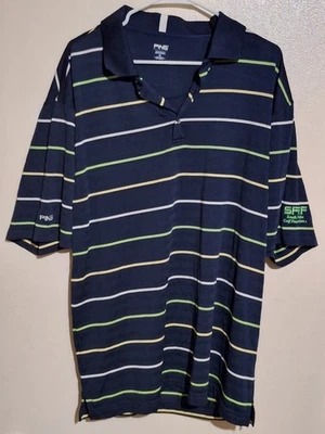 Camisa base golfe Ping XL listras amarelas, verdes e brancas azul marinho South Fla - Imagem 1 de 4