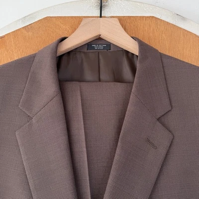 Jones New York Suit Mens 48S Brown Hopsack 2 Button 100% Wool Pants 46x28 Flat - Image 1 of 4