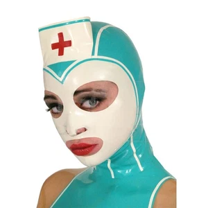 Maschera copricapo infermiera lattice bianco viso schiena cerniera fetish costume cappuccio gomma - Foto 1 di 3