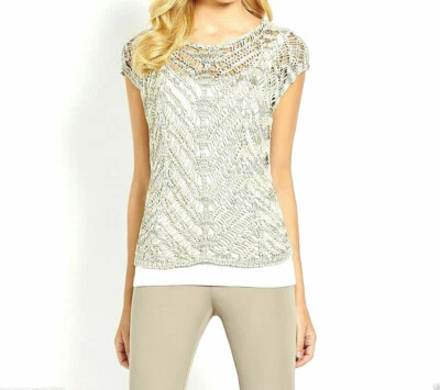 $198 NWT Eileen Fisher Cotton Viscose Brushstroke Tape MAPLE OAT Top  L M - Image 1 of 4