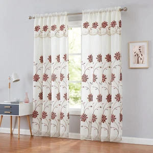 Brynn Embroidered Rod Pocket Panel With Attached Valance and Backing, 54x90 Inch - Picture 1 of 14
