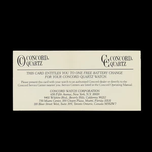 AUTHENTIC CONCORD WATCHES FREE BATTERY CHANGE QUARTZ CARD - Picture 1 of 2