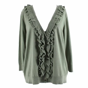 Talbots Petite Sz 1XP Green V Neck Ruffles 100% Pima Cotton Cardigan Sweater - Picture 1 of 24