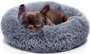 Dark Grey Fluffy Bed Small Dogs 19" Round Cozy Soft Machine Washable Anti-Slip - Picture 1 of 3