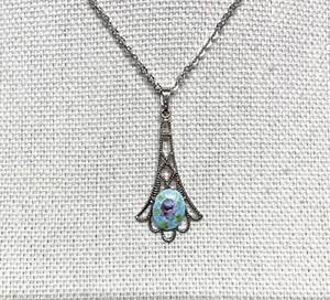 Guilloche Pink Rose Flower on Blue Filigree Necklace, Long silver toned filigree - Picture 1 of 5