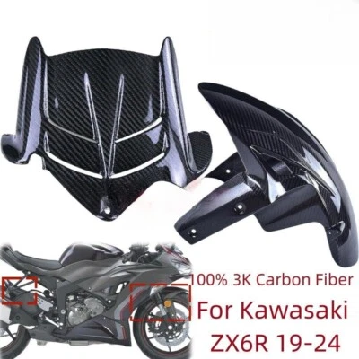 Carbon Fiber Front Fender Rear Hugger Mudguard Twill For Kawasaki ZX6R 2019-2024 - Image 1 of 4