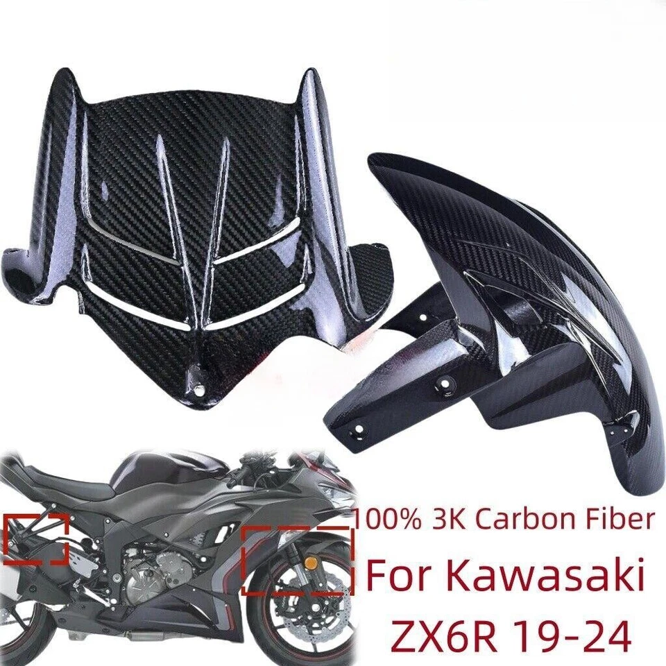 Carbon Fiber Front Fender Rear Hugger Mudguard Twill For Kawasaki ZX6R 2019-2024 - Image 1 of 4