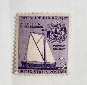 Francobollo postale USA costruzione navale Virginia di Sagadahock colonia popham 1957 inutilizzato - Foto 1 di 2