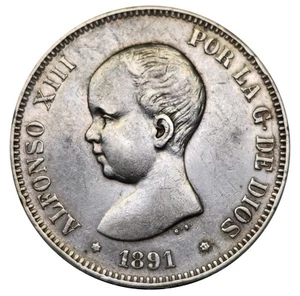 Moneda de plata 1891 España 5 Pesetas Alfonso XIII .900 Die Crack ERROR # 1431 - Imagen 1 de 4