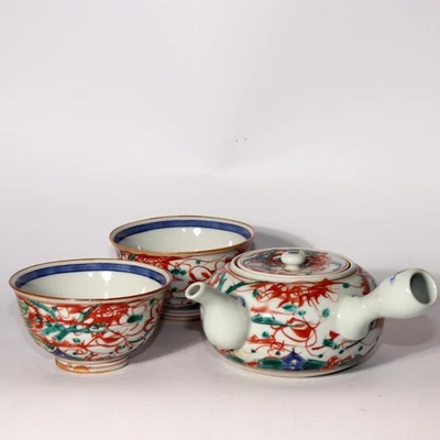 Japanese Vintage Porcelain Teapot Teacup Red Painted Kutani Kyoto PCP261 - Image 1 of 4