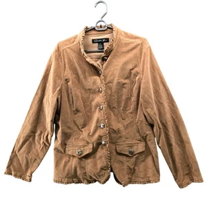 Christiana Zinn Corduroy Jacket Womens 1X Tan Camel Button Ruffle Trim Collar - Picture 1 of 7