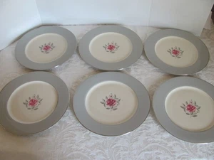Flintridge China Miramar-Rose w Gray Rim-Platinum Trim-Dinner Plates -Set of 6 - Picture 1 of 21